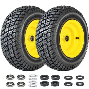 Set of 2 16x6.50-8 Lawn Mower Tires and Wheel Assembly, 4-Ply Tubeless Turf Tread Replacement, 3" Offset Hub with 3/4" Bearings, Yellow Steel Rim for Lawn Tractors, 620 lbs Capacity (Carefully review the dimension diagram)