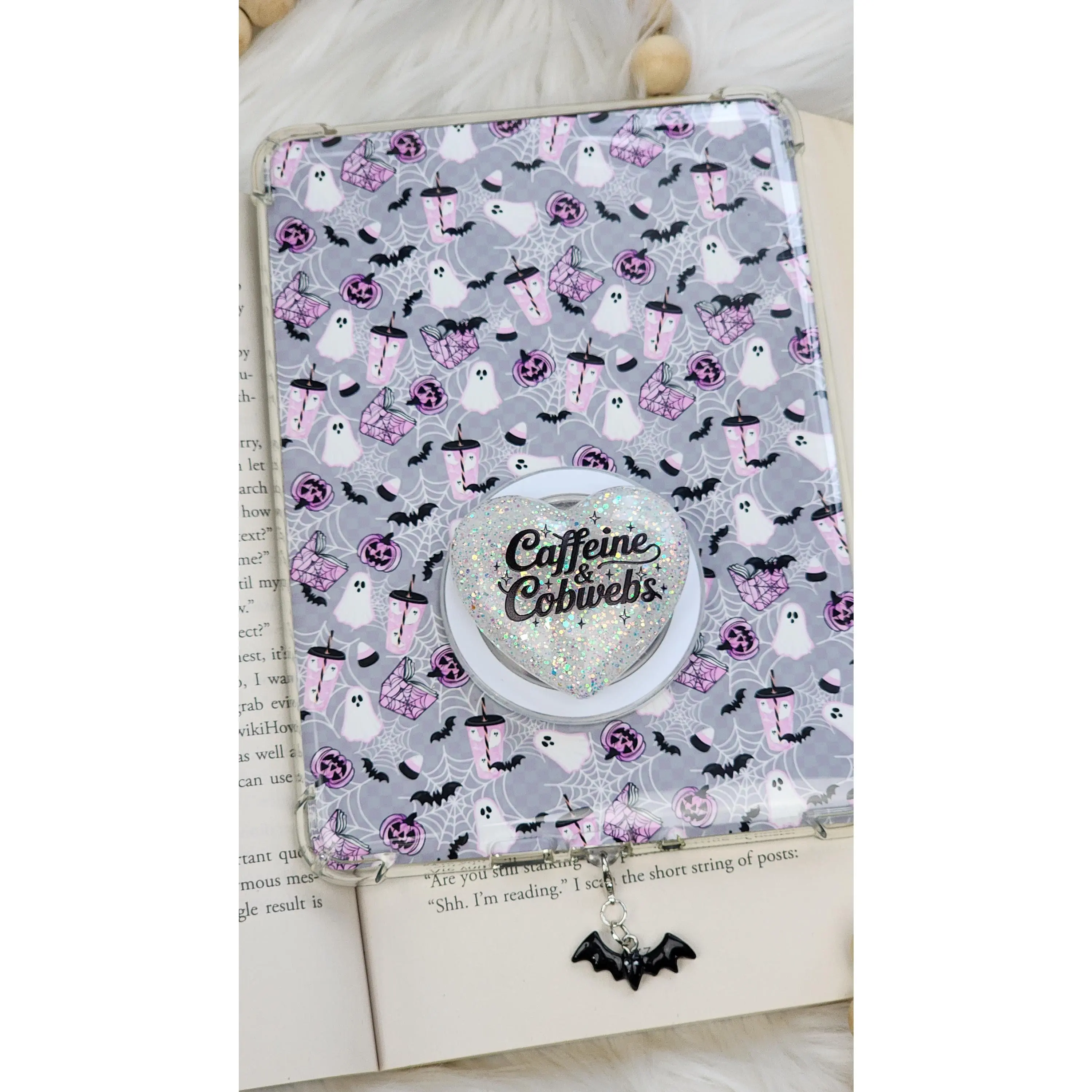Kindle Accessories Set | Caffeine and Cobwebs Spooky Cafe | Insert, Grip & Charm