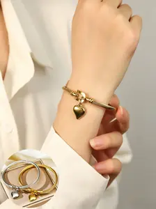 Stainless Steel Bangle Bracelet, Heart Pendant, Waterproof, Silver Color &, Minimalist Horsebit Clasp, Casual Style, Women's Jewelry