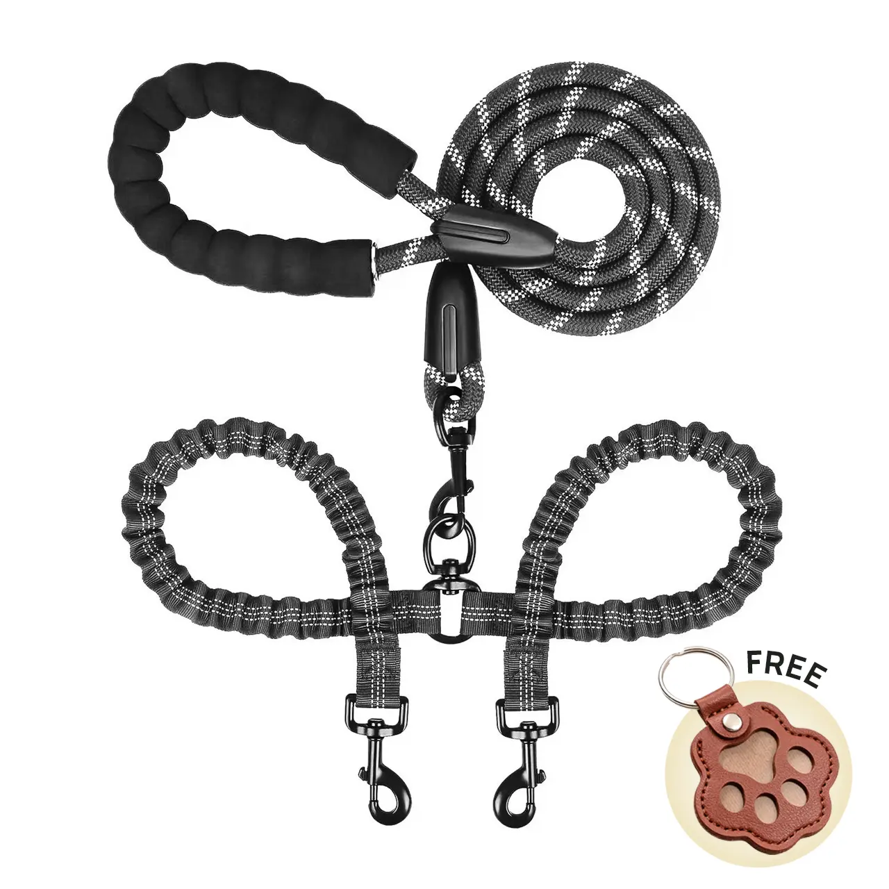 Dog Lead Leash - 1-to-2 Elastic Cushioning Climbing Rope Leash with Foam Comfort Grip, 360° Anti-Tangle Dual-Head Connector, High-Strength Metal Clasp, 150cm Length, 46-80cm Adjustable Fit, Reflective Design for Small-Medium Dogs’ Daily Walking