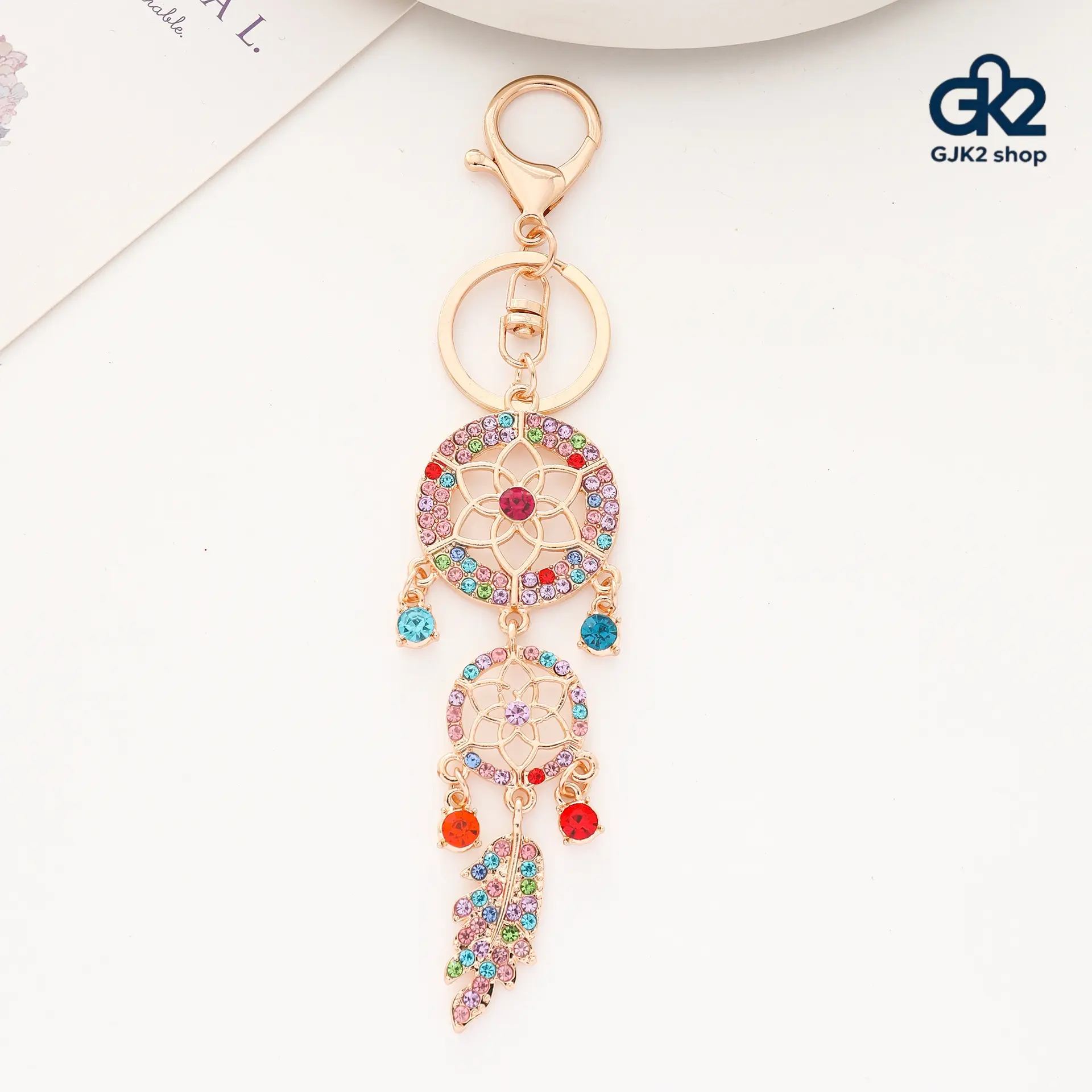 New Bling Rhinestone Dreamcatcher Keychain, Hollow Cutout Metal Feather Bag Charm Pendant, Car Rearview Mirror Hanging Ornament, Cute Small Holiday Gift for Women Girls