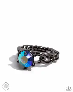 Authoritative Ability - Blue UV Gem Sits on Gunmetal Curb Chain Stretchy Ring