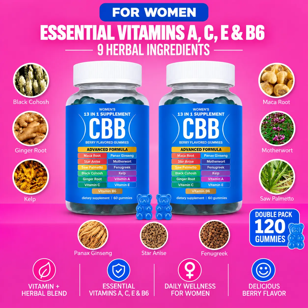 CBB Women’s Gluten-Free Herbal Blend Plus Key Vitamin Support Wellness Berry Gummies Supplements, 9 Herbal + Vitamins A,C,E&B6, 2-Bottle Pack, 18-Month Shelf, 120 Daily Berry Flavor Gummies