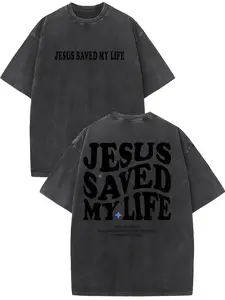 1pc Men's 230GSM Heavyweight Cotton T-Shirt - Double-Sided Washed Vintage Streetwear Tee with "Jesus Saved My Life" Back Print, Black with White Bold Lettering, All-Season Casual Wear, Machine Washable Holiday Gift, Vintage T Shirts, Everyd black tee