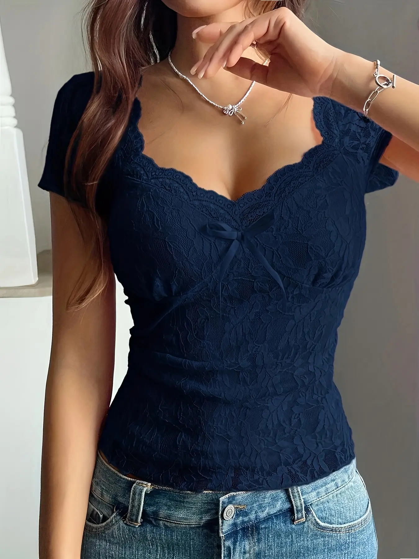 Women's Romantic Lace Bow Top Shirts, Classy Tops, Sexy Blouse with Butterfly Knot Design, Elegant Fashion for Casual and Party Wear, Aesthetic Shirt, All Season Top, Womenswear