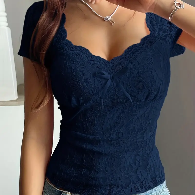 Women's Romantic Lace Bow Top Shirts, Classy Tops, Fashionable Blouse, Sexy Blouse with Butterfly Knot Design, Elegant Fashion for Casual and Party Wear, Aesthetic Shirt, Womenswear