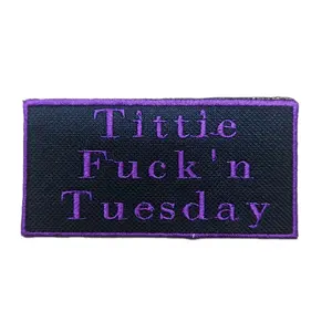 Iron-on Sew-on Motorcycle Patches 2inX4in Purple Font Black Background Tittle Fuck'n Tuesday Patch