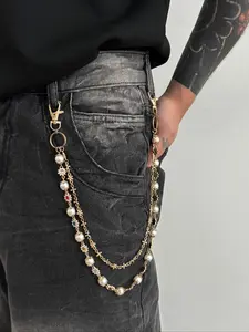 Vintage Multi-Color Rhinestone Faux Pearl Double Layer Pants Chain, Street Style Hip Hop Body Chain for Men, Pants Decoration, Maximalist Jewelry