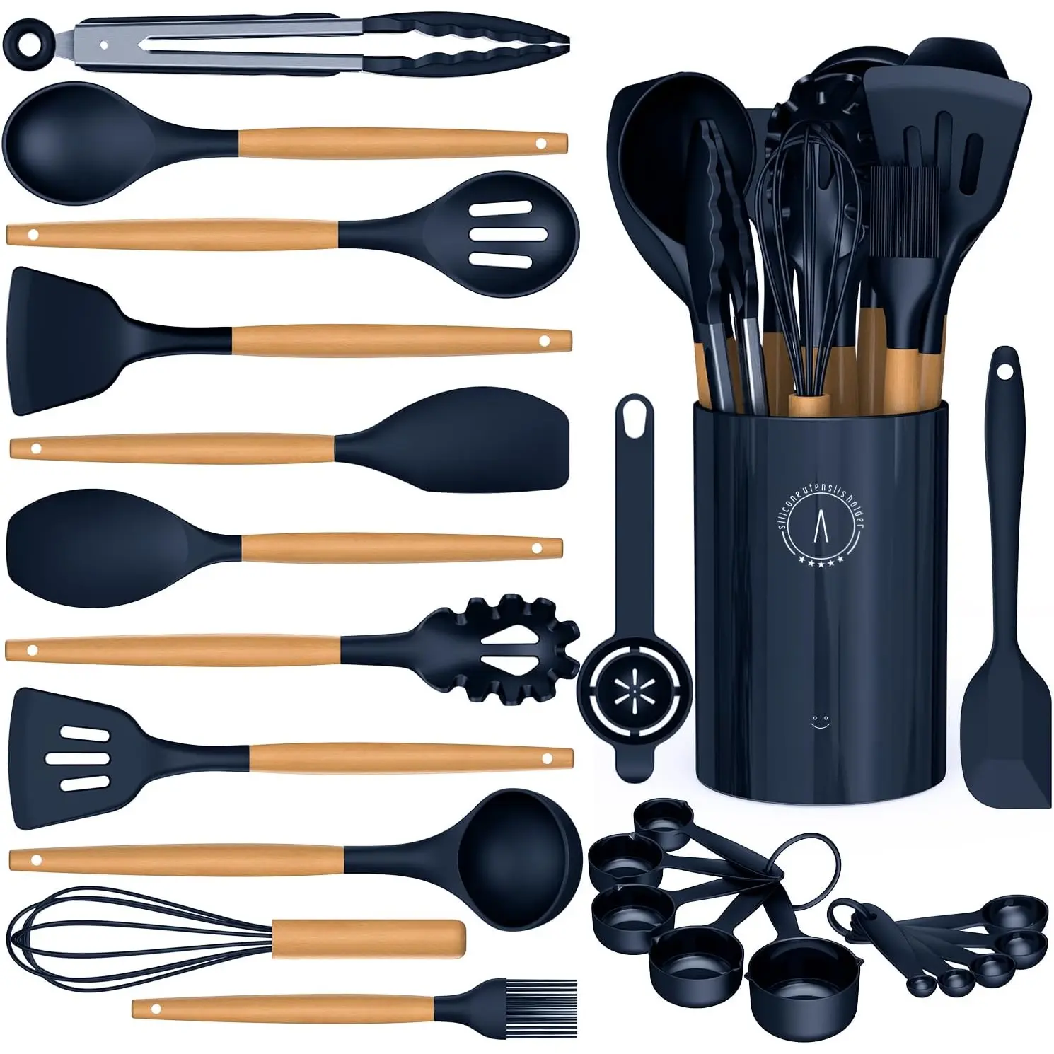 Cooking Utensils Set -  Kitchen Utensils for Cooking Wooden Handles, 446?F Heat Resistant Kitchen Utensil Spatula Sets w Holder, Gadgets for Non-Stick Cookware  (Navy Blue)