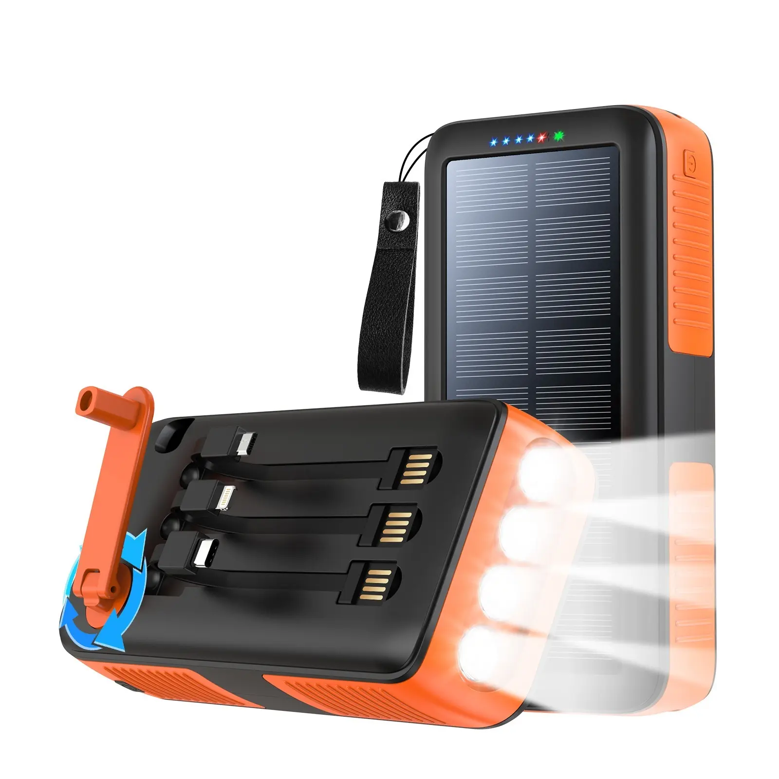 High-capacity 63200 mAh solar power bank, 15W fast charging, 4 ports, suitable for various mobile devices, comes with cables, can be charged manually by shaking, charges through solar power, 4 LED flashlights, outdoor camping charging equipment.