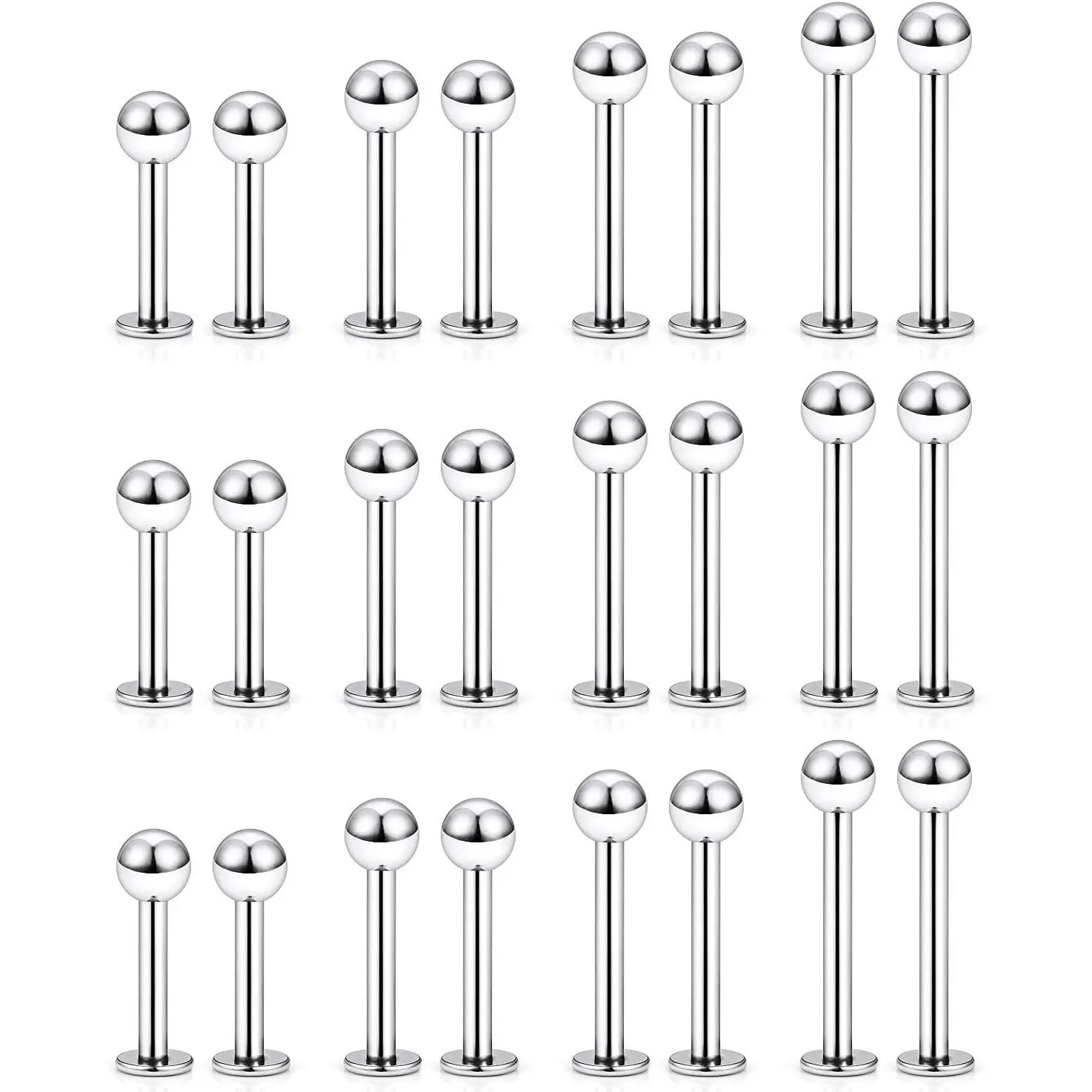 24-Piece Surgical Steel Labret Studs, 16G Hypoallergenic Conch Piercing Jewelry for Men & Women, Multi-Length Flat Back Rings for Lip, Tragus, Helix, Surgical Steel Earrings, Female, Male, Side Labret Piercing Jewelry, Body Art Piercing Jewelry