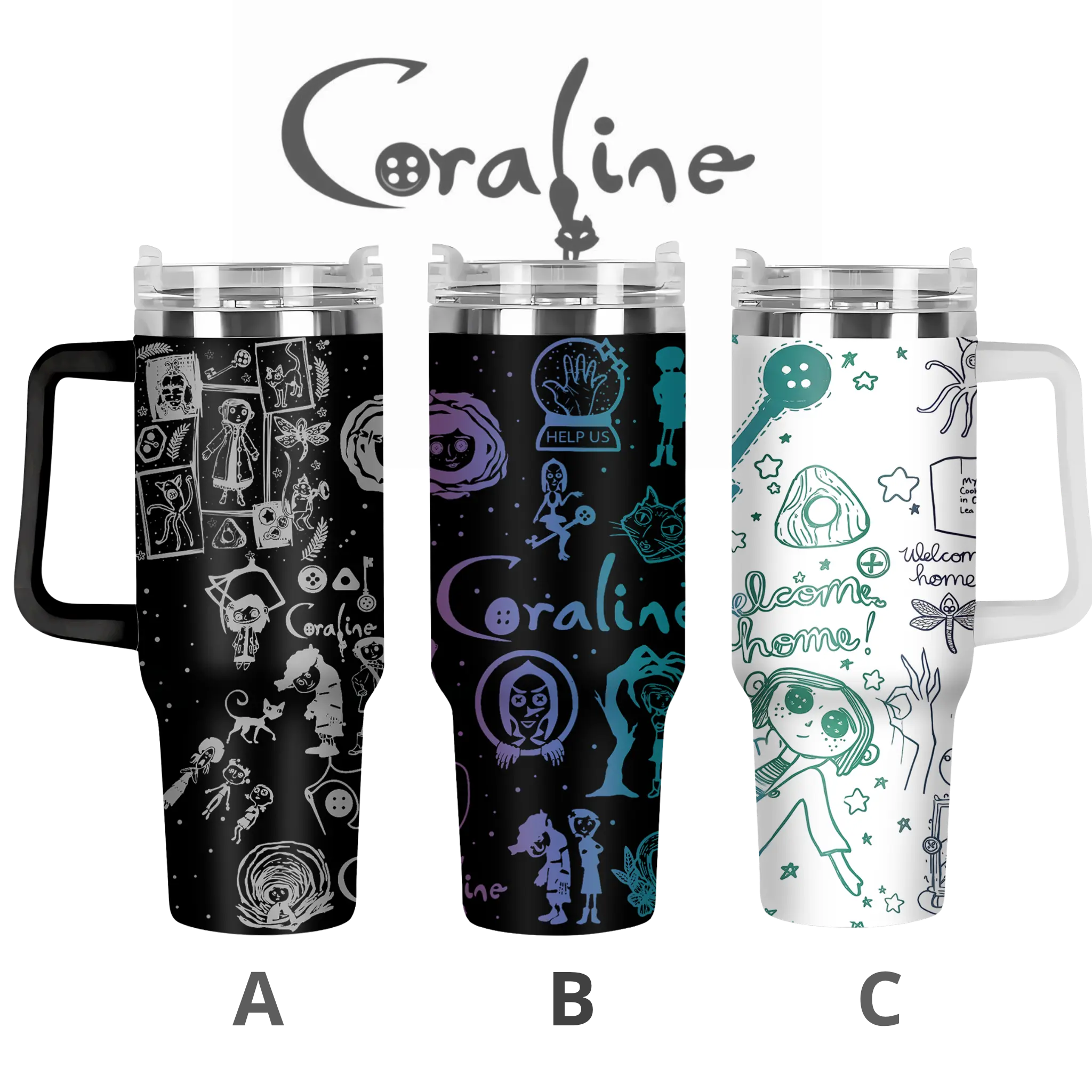 Collection Coraline Inspired 20oz & 40oz Tumbler With Handle, Spooky Cute Travel Cup, Dark Fantasy Cartoon Water Bottle, Halloween Gift