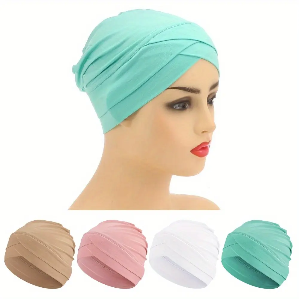 4PCS Women Turban Caps Chemo Headwear Cancer Patient Head Covering Soft Pleated Stretchy Head Wrap Sleep Hat