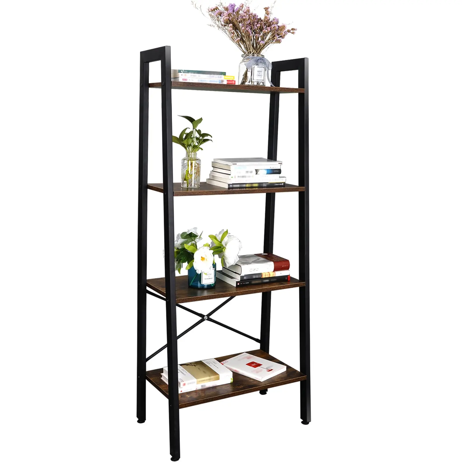 LEMY Home Ladder Shelf Metal Frame Four Tiers Modern Bookcase 22.4 x 13" Brown Industrial Style Freestanding Organizer Racks