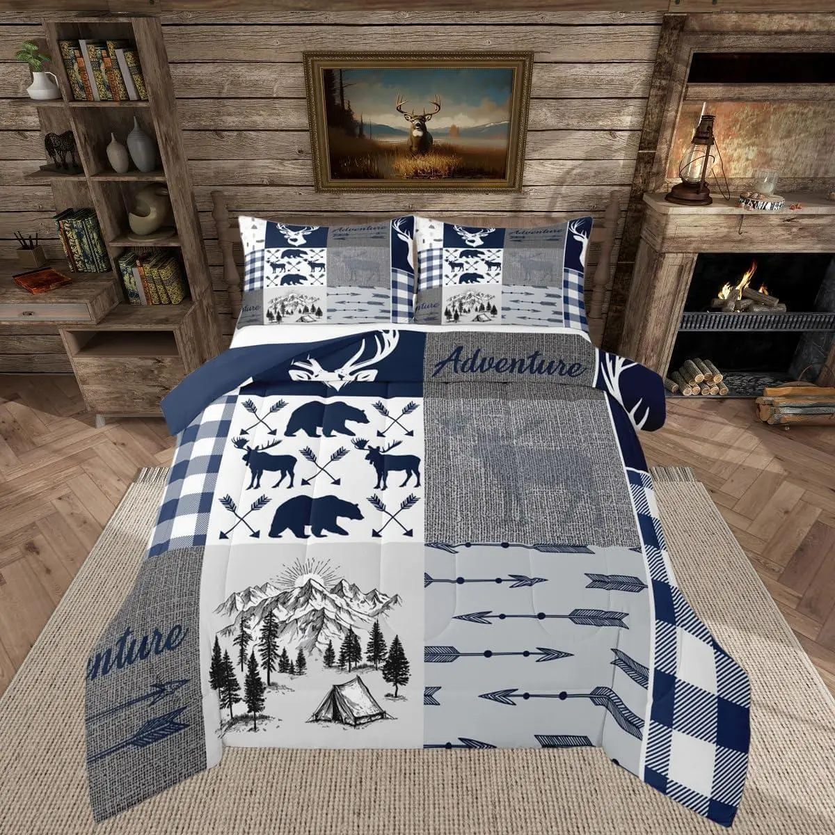 Feelyou Lightweight Microfiber Duvet Set - Lodge-Style Rustic Charm, Deer & Bear Western Motif, Woodland Wildlife Patchwork, Rustic Buffalo Plaid, Western Decor, Multi-Size, All Seasons, Travel-Friendly for Bedroom, Camping