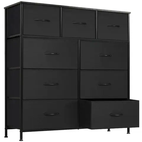 9-Drawer Dresser Organizer with Fabric Bins, Sturdy Steel Frame & Wood Top - Space-Saving Storage Tower for Bedroom, Closet, Hallway, Nursery - Easy Pull Handles, Modern White Design, Perfect for Home Organization
