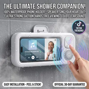 Waterproof Shower Phone Holder with Bluetooth Speaker, 360° Rotation Touch Screen Wall Mount Stand, IPX7 Waterproof for TikTok Live
