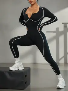 Women's Solid Long Sleeve Square Neck Sports Jumpsuit, Casual Comfy Breathable Jumpsuit for Yoga Gym Workout, Ladies Sportswear for All Seasons, Activewear Clothing, Fitness Outfits, Athleisure Style, Sporty Jumpsuit