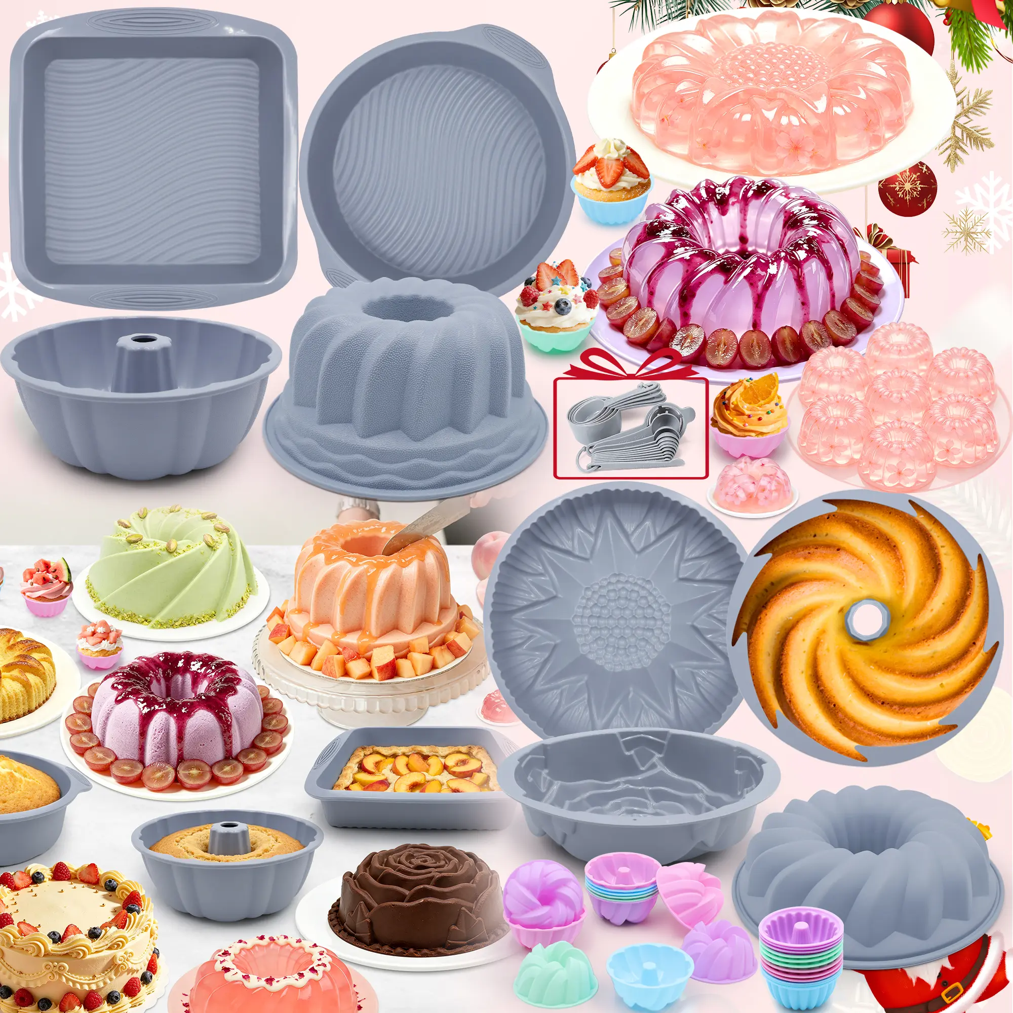 49-Piece Silicone Baking Set: 8 Cake Pans, Pound Cake & Loaf Pan, Brownie Mold | 24-Pack Reusable Cupcake Cups, Measuring Cups and Spoons | Ultimate Kitchen Bakeware Essentials Gift