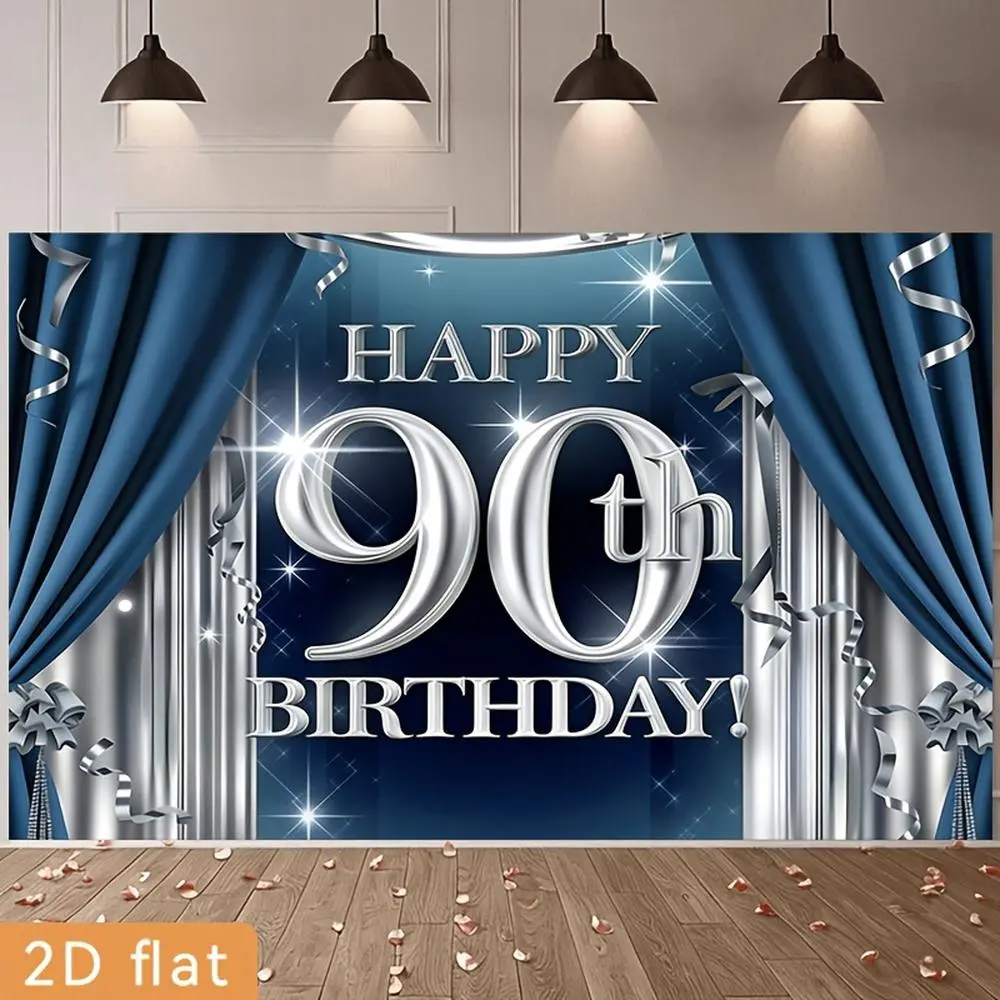 1pc Durable Soft Polyester 2D Flat Banner - Glam Look 90th Birthday Decor, Easy Hang Indoors Home Party Backdrop, Blue Elegance Printed Textile Furnishing