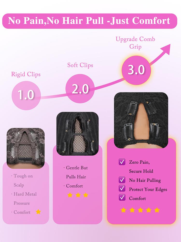 Mihugass V Part Straight Human Hair Wig Burmese Curly Glueless Upgrade Curly & Kinky Straight & Loose Body Wig No Leave V Shape Clip in Half Wig With Drawstring No Glue No Sew Beginner Friendly 200% Density Wig