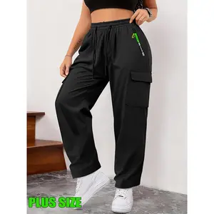 HIDKAT Women's Plus Size Traditional Cut Wide-Leg Cargo Pants - Elastic Waistband, Full-Length Casual Comfy Trousers, Adjust Drawcord, Heavy-Duty Clothes for Office & Outdoor Spring/Fall Wear