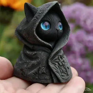 Mysterious Gothic Black Cat Figurine with Green Eyes Hooded Cloak Resin Statue Halloween Witchy Decor Desk Ornament Gift for Cat Enthusiasts