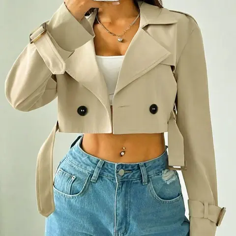 Women's Plain Fitted Crop Trench Coat - Solid, Double-Button, Belted Lapel Neckline, Long-Sleeve, Casual Womenswear Outerwear for Spring & Fall, Daily Wear Tops Lady Blazer Jacket Cropped Blazer #GLOBAL PICKS