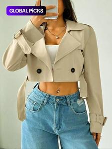 women's solid double button belted lapel neckline crop trench coat, casual long sleeve crop outerwear for spring & fall, women's clothing for daily wear