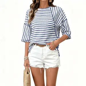 Women Oversized Striped Sweatshirt Round Neck Half Sleeve Textured Knit Split Hem Loose Top Casual Workout Shirt summerwins,summerwins