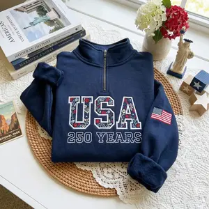 Embroidered USA 250th Anniversary Floral Quarter Zip, USA Flag Crewneck, Usa 250th Anniversary Independence Day Tee, 4th of July Patriotic Gift