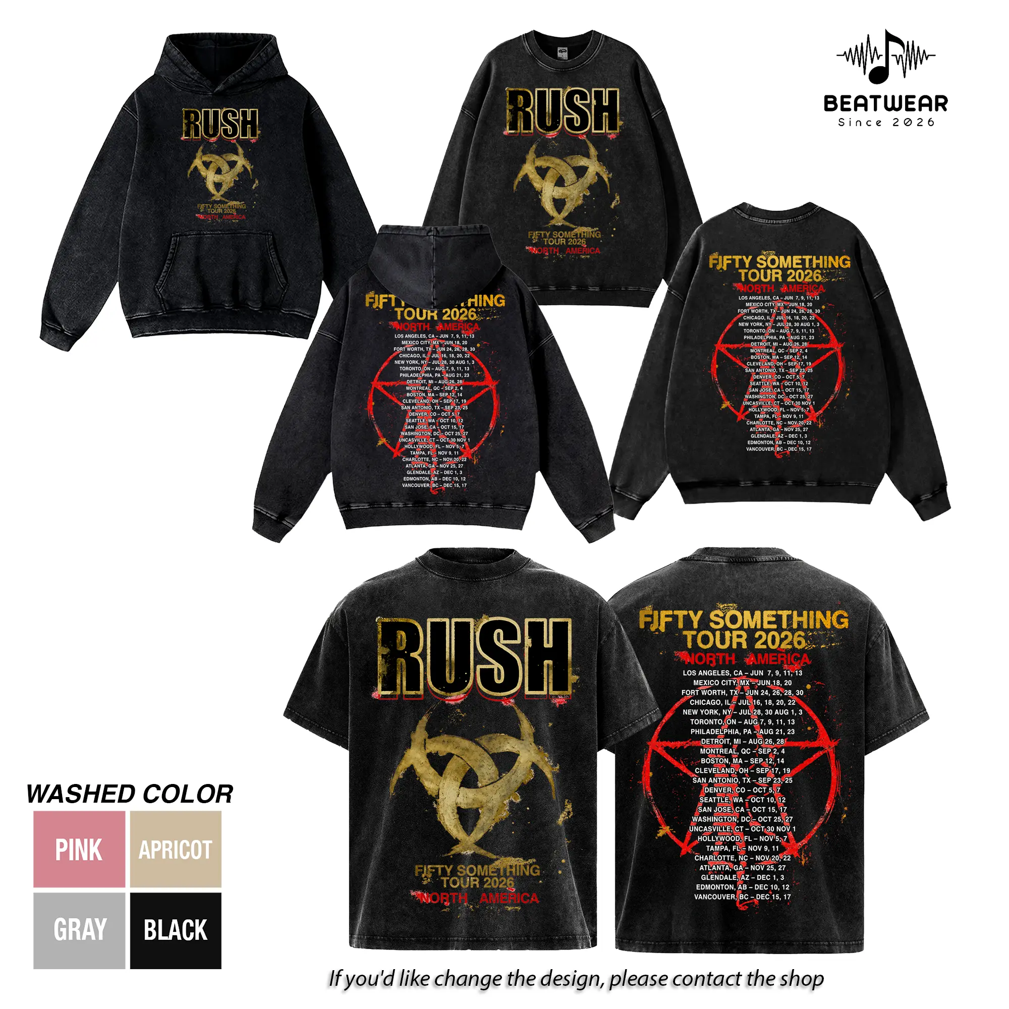 Rush Fifty Something Tour 2026 Vintage T-Shirt & Hoodie Graphic Tee Double Sided Concert Merch North America Tour Dates Pentagram Design Oversized Streetwear Unisex Rock Fan Gift Summer Outfit, Gift for Girlfriend