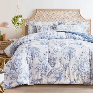 Botanical Bed in a Bag  Size 7 count, Reversible Blue and White Flower Printed Comforter Bedding Set (1 Comforter, 1 Flat Sheet, 1 Fitted Sheet, 2 Pillow Shams and 2 Pillowcases)