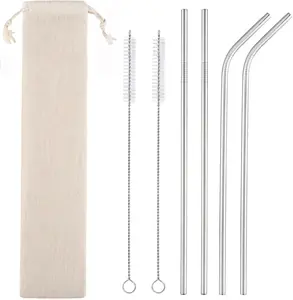 Set of 4 Reusable Metal Straws 18/8 Stainless Steel 10.5" Bent & Straight with Cleaning Brushes & Case for 20/30 oz Tumblers Eco-Friendly Durable Dishwasher Safe