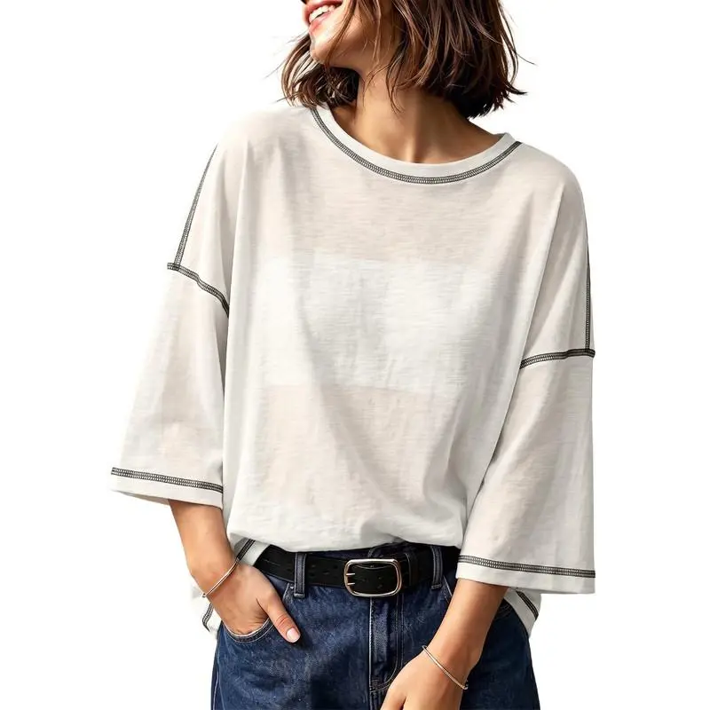 Dokotoo Women's Colorblock T-Shirt, Short Sleeve Round Neck Casual Oversized Top, Loose Fit Textured Cotton Blend Tee for Everyday Wear