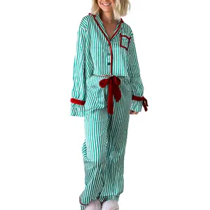 Womens Striped Pajama Set Long Sleeve Button-up Crop Tops Bow Long Pants 2 Piece Sleepwear Outfit Loungewear Polyester Womenswear Homewear Green Pyjamas Pjs