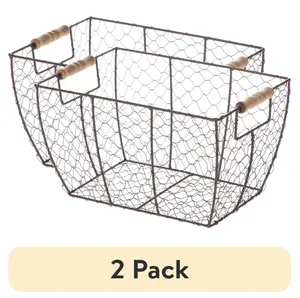 (2 Pack) Decorative Brown Chicken Wire Baskets with Wooden Handles, 12.2” x 8” x 7.28”