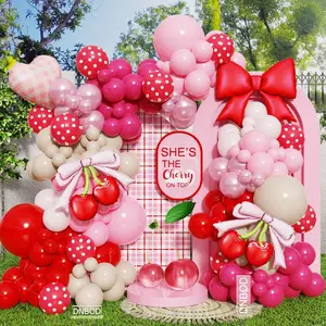 Cherry Balloon Garland Arch Kit,155Pcs Red Pink Cream Balloon with Cherries,Bow,Checkered Pattern Heart Foil Balloons for Cherry On Top Baby Shower Girls Birthday Fruit Party Decorations