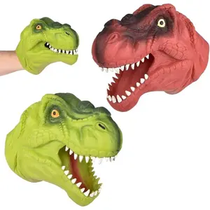 2 Pack Stretchy Dinosaur Hand Puppets - Realistic T-Rex Toys, Green and Red Soft Rubber, Great for Kids Ages 3+, Storytelling, Dino Puppet Party Favors, Classroom, Bath Time, Indoor & Outdoor