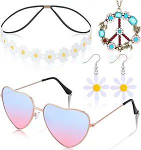 1 set of 70s hippie accessory set - daisy headband, peace symbol necklace, heart-shaped sunglasses, and floral earrings, suitable for festivals, costume parties, and vintage styling