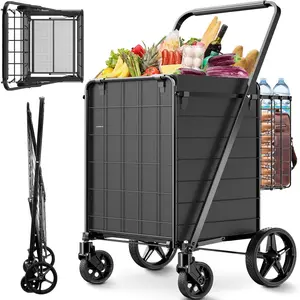 Folding Shopping Cart for Groceries,360 lbs Capacity Grocery Cart with  Liner and 360? Swiveling Wheels Collapsible Shopping Carts with Double Basket for Condo Laundry Transport Trip