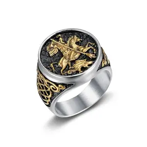 [FLAME] Stainless Steel Vacuum Gold Plated Saint George Dragon Slayer Knight Ring Vintage Medieval Warrior Symbol Gothic Hip Hop Biker Statement Jewelry for Men