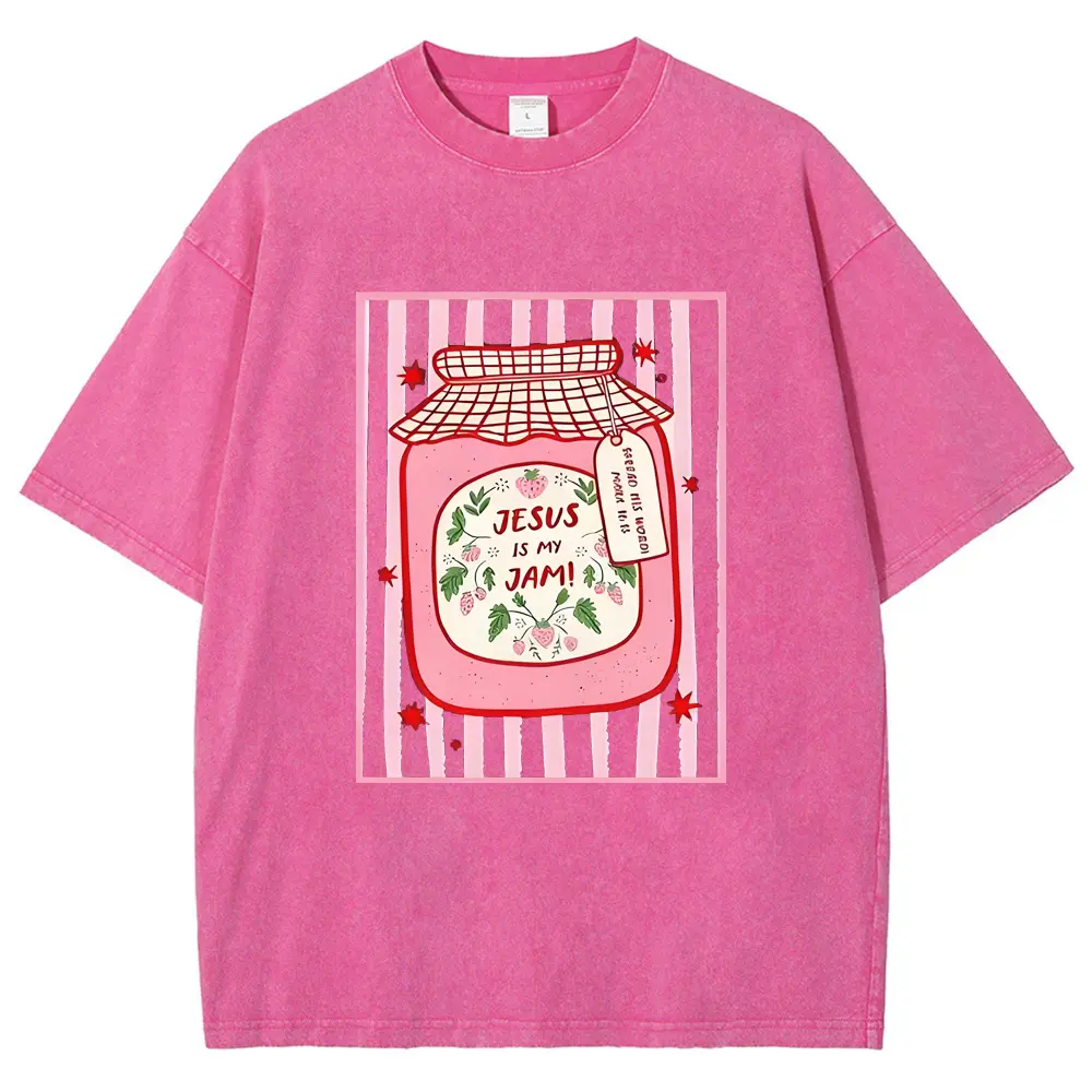 Jesus Is My Jam Strawberry Jar Graphic T-Shirt |   Pink Washed Christian Women's Unisex Tee