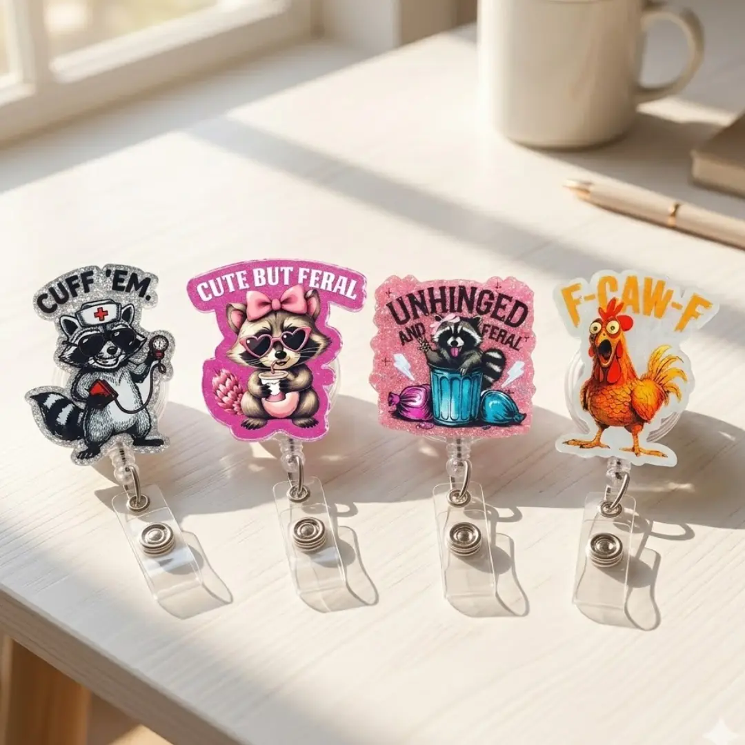 Funny Feral Animal Badge Reel Set – Raccoon, Chicken & Sarcastic Quote Retractable ID Holder For Healthcare Heroes