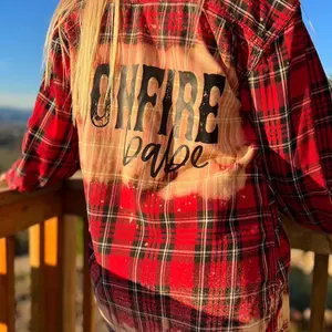 Bonfire Babe Red Plaid Bleach Distressed Flannel Medium