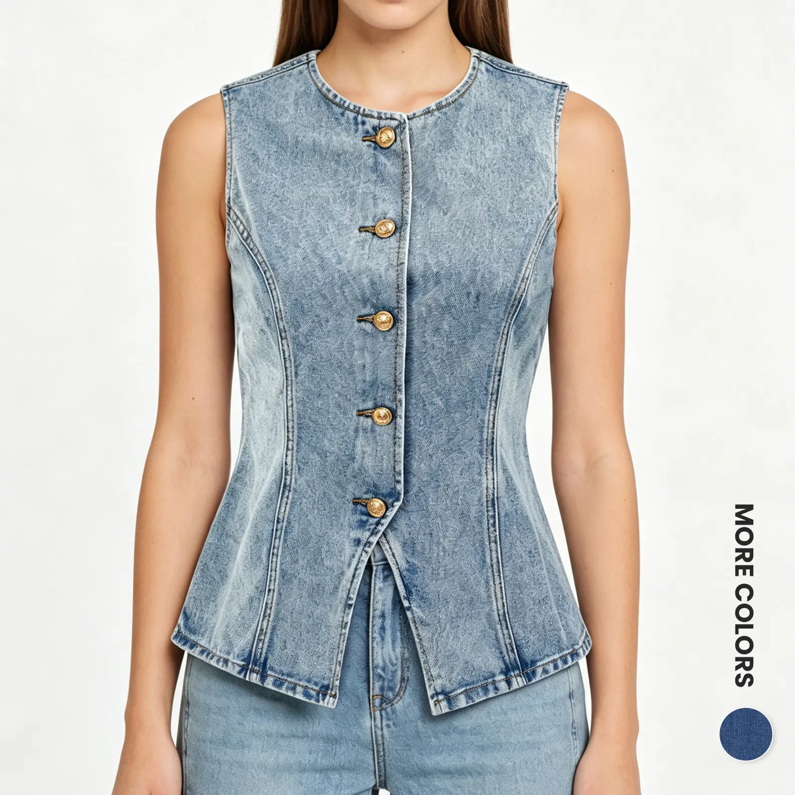 Renaishow Women's Fitted Basic Button-Down Denim Vest - Round Neck, Sleeveless, Asymmetrical Style, Business Casual 1-Piece Top for Fall Going Out Outfits