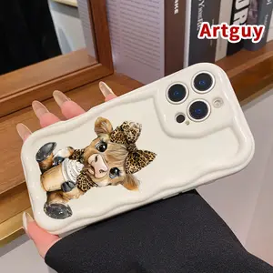 Phone Case for iPhone 16 Pro Max 15 Plus 14 13 12 11 XR XS Cream Leopard Bow Calf Pattern Curly Wave Frame Full Body Protection Shockproof Soft Silicone Cover Cellphone Casing