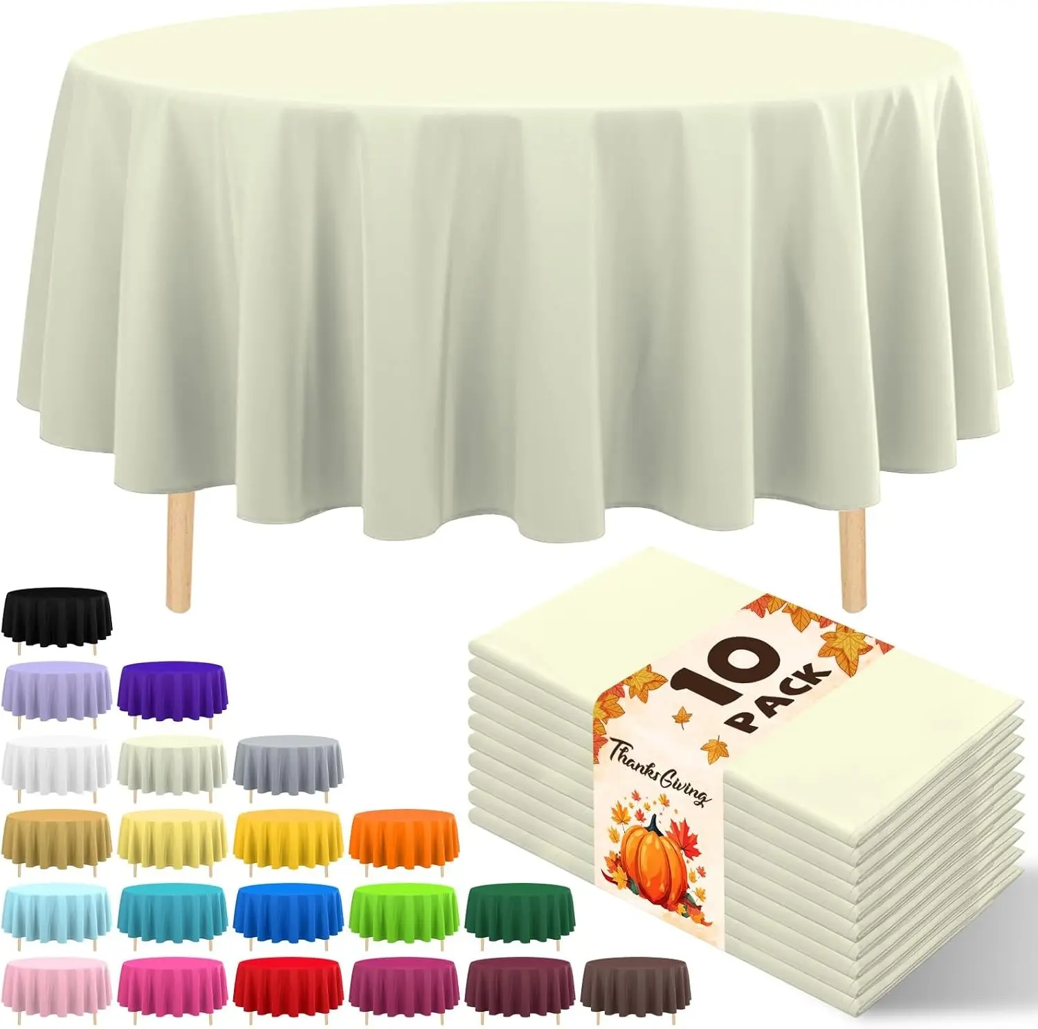10 Pack Premium Disposable Plastic Tablecloth 84" Round Table Cover for Birthdays Weddings Christmas Anniversary Buffet Table (Beige)