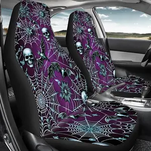 Mysterious Purple Spider Webs Skulls Bats Pattern Car Seat Cover, Durable Polyester Car Seat Protector, Universal Car Interior Accessories for Front & Rear Seats, Halloween, Seat Protectors Cushion