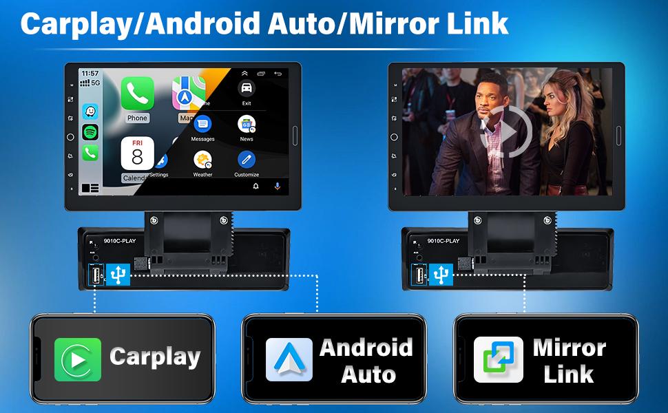 10.1 Inch Single Din Car Stereo with CarPlay, Android Auto, Detachable Touch Screen, 1080p, EQ Audio, SWC, Bluetooth, Gps, Backup Camera & MIC